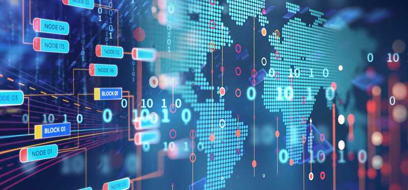 Binary code and blockchain nodes surrounding a digital outline of the continents.