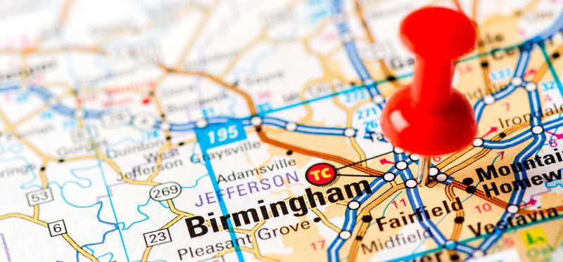 A map with a red push pin marking Birmingham, Alabama.