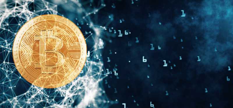 A gold coin with the letter "B" on it on a digitized background