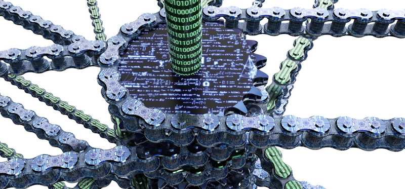 A stack of gears with cryptocurrency information on them