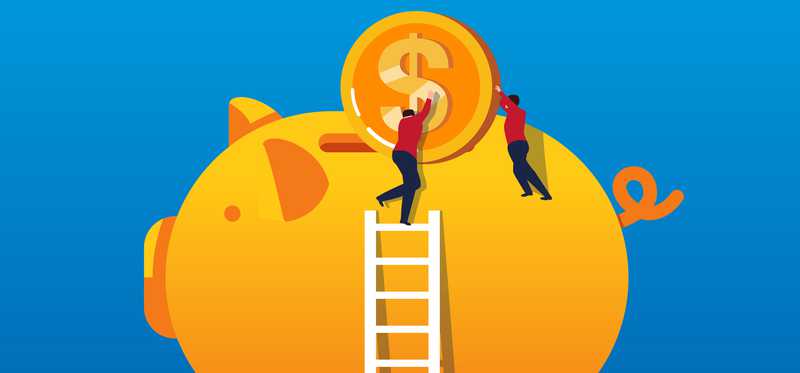 Cartoon of people climbing a ladder to make a deposit in a giant piggy bank.