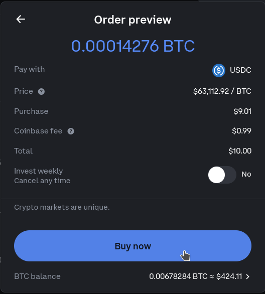 Reviewing a $10 Bitcoin buy on Coinbase.com.