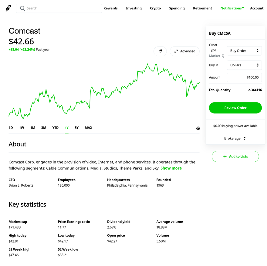 Screenshot of placing a Buy order for Comcast shares on Robinhood.com.