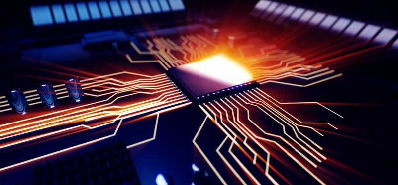 Computer chip on a motherboard.
