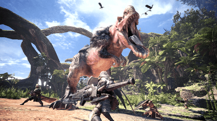 Capcom characters fighting a T Rex in tropical terrain