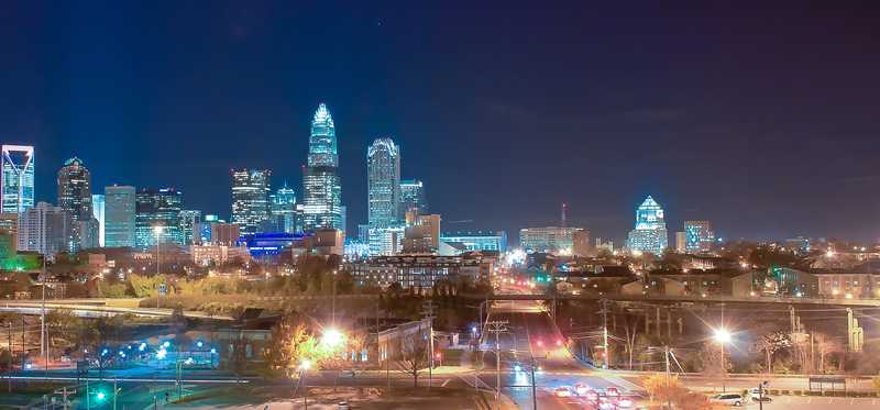 A view of the Charlotte, North Carolina, skyline at night.