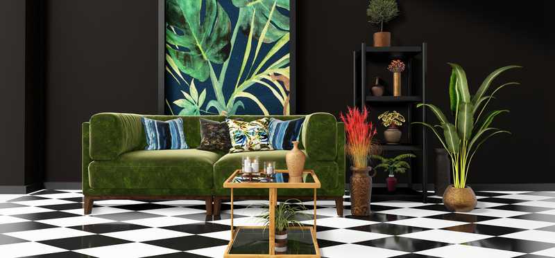 Living room with checkered tile floor and black walls.
