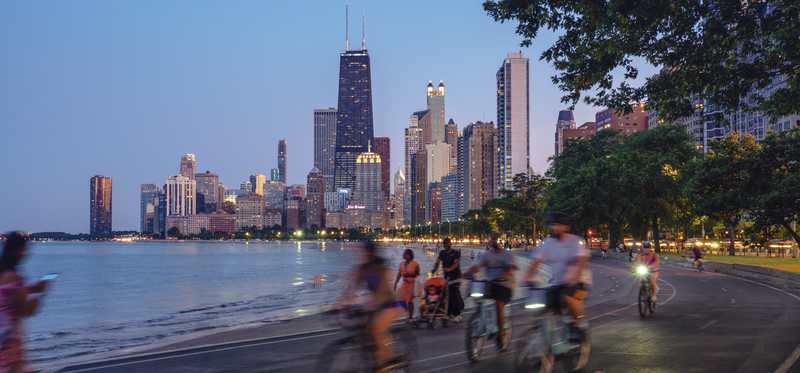 People riding bikes in Chicago, Illinois.
