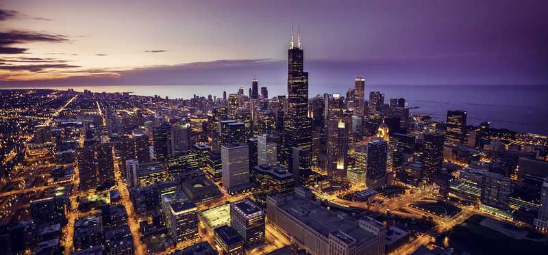 The Chicago skyline at night.