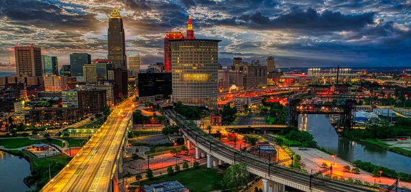 A sunrise over the Cleveland, Ohio, skyline.