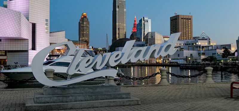 "Cleveland" sign at Rock and Roll Hall of Fame.