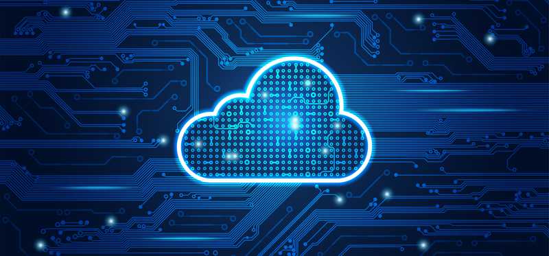 Cloud shape superimposed over computer circuitry.