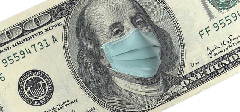 Hundred dollar bill with president's face wearing a mask.