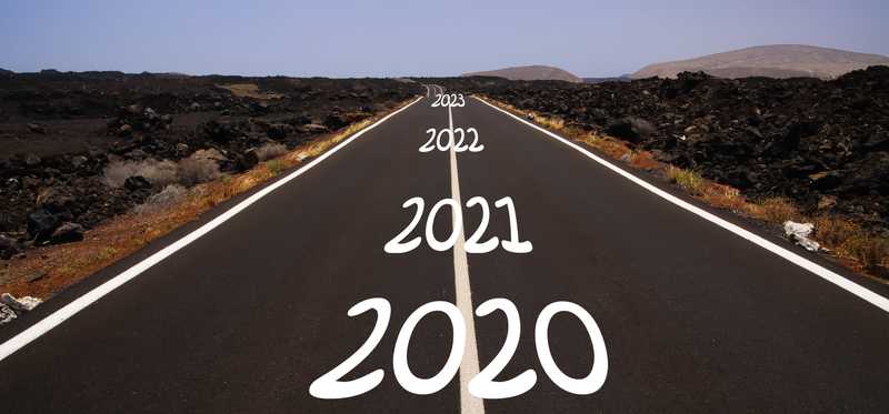 Road stretching out into time and over the years 2020, 2021, 2022, and 2023.