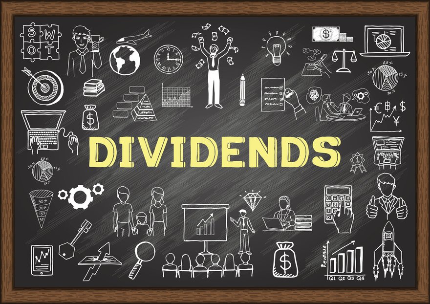 Blackboard covered in financial and stock market doodles with the word Dividends in the center.