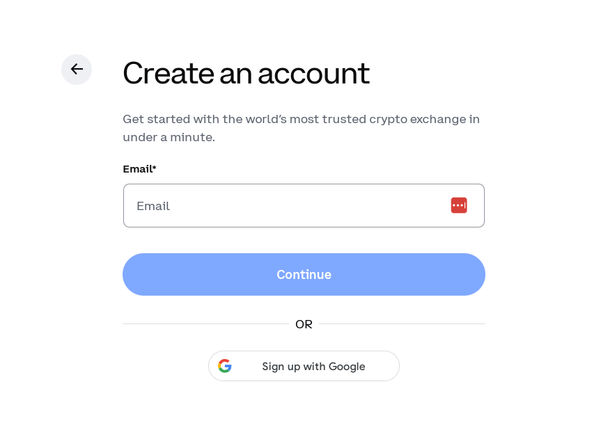 The Coinbase account creation process, asking for some user data.