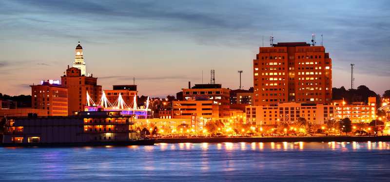 Downtown Davenport, Iowa, along the Mississippi River.