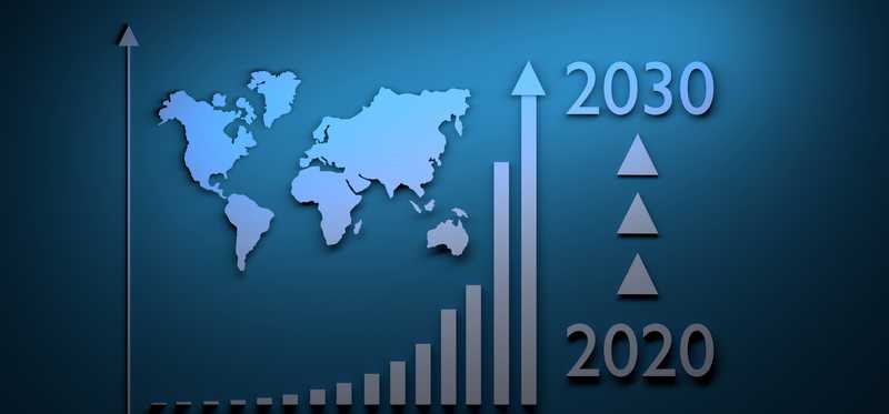 Decade 2020 to 2030 of rising arrows on global map