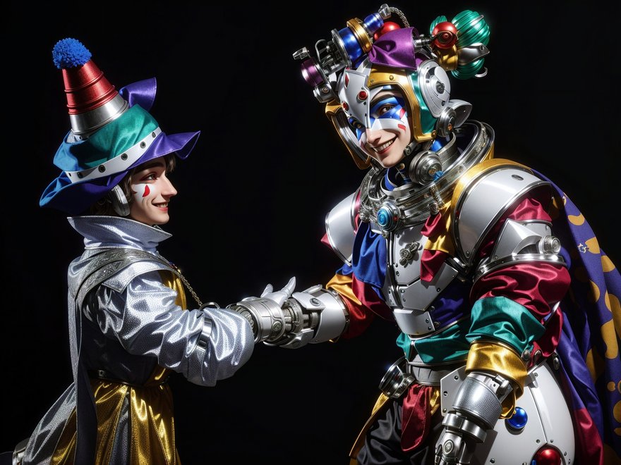 A colorful jester shakes hands with a white robot.