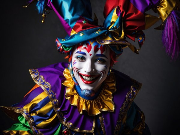 A colorful, smiling Fool wearing a jester cap.