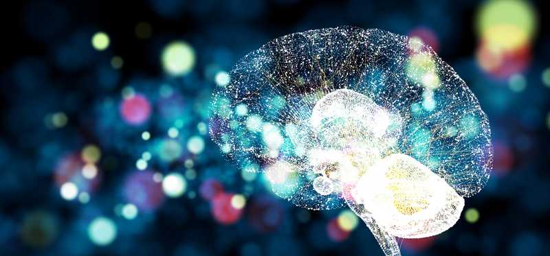 Digital brain with parts lit up on background of multicolored lights.