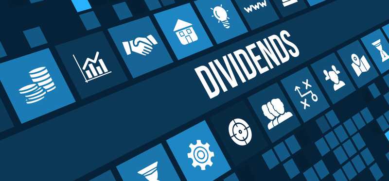 A blue screen reading Dividends surrounded by various icons.