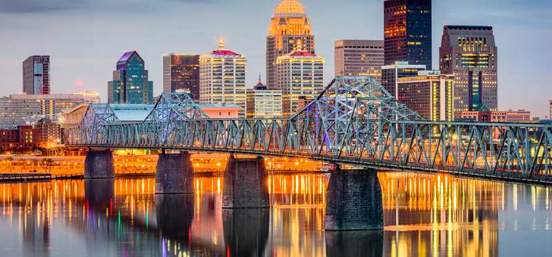 A view of downtown Louisville, Kentucky, and an Ohio River bridge.