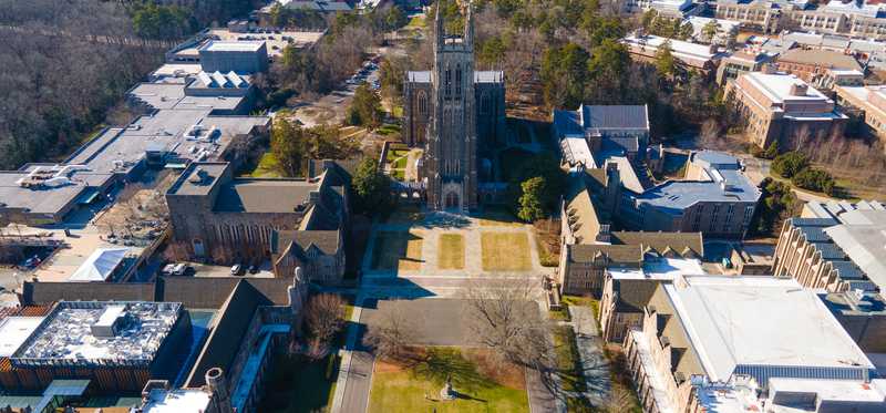An aerial view of the Duke University campus in Durham, North Carolina.