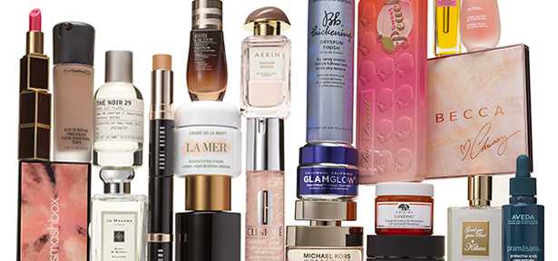 A display of nearly two dozen beauty products sold by Estee Lauder.