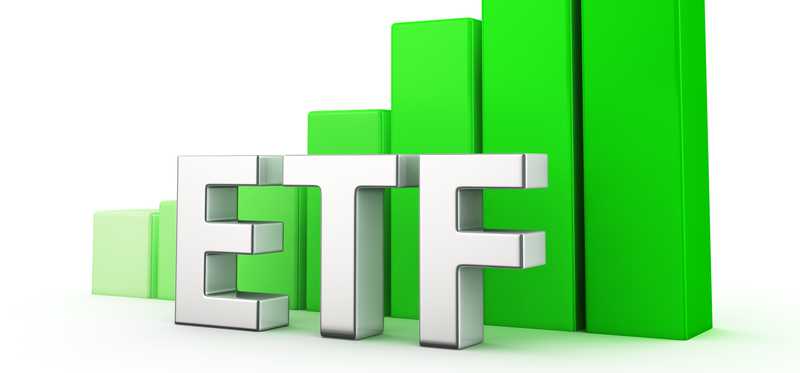 The word ETF in front of an upward trending bar graph.
