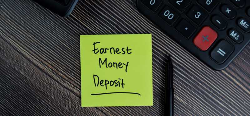 A desk with a calculator and a sticky note that says Earnest Money Deposit.