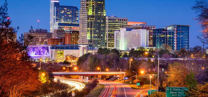 An evening shot of the Raleigh, North Carolina, skyline.