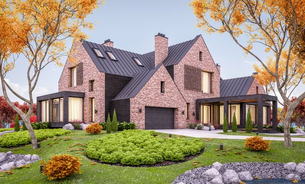 Exterior of two-story luxury brick home.
