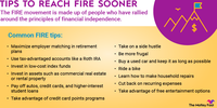 An infographic offering tips to reach "FIRE" sooner, or financial independence, retirement early.