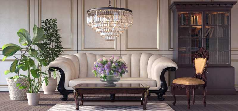 Large chandelier and plants in formal living room.