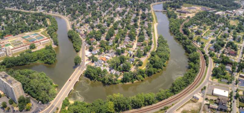 An aerial view of a big river loop in Fort Wayne, Indiana.