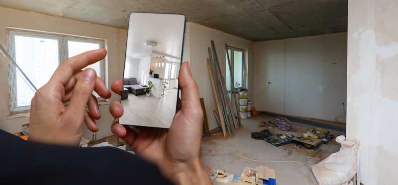 Person using a phone app to compare a home's interior before and after renovation.