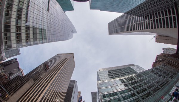 Bank of America Tower in Midtown Manhattan and surrounding buildings, wide angle upward view, New York City