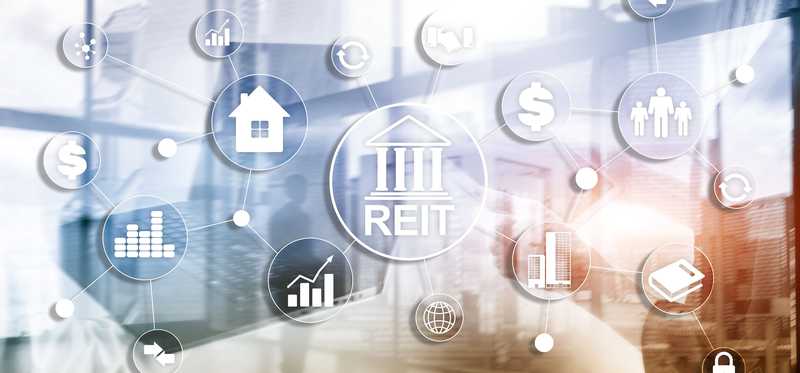 REIT text with images of investment and real estate icons.