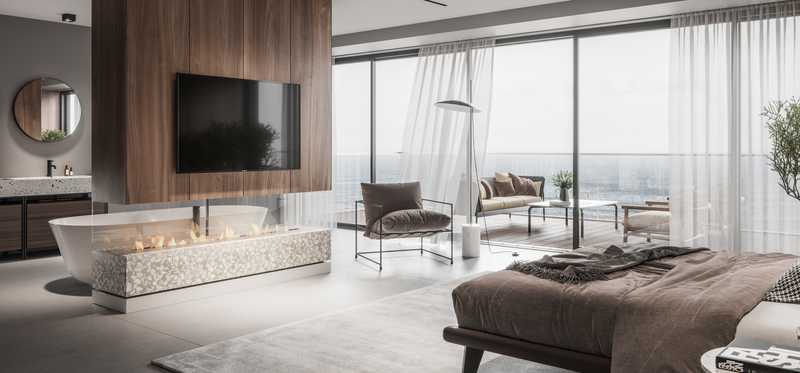 Modern furnished bedroom and bathroom.