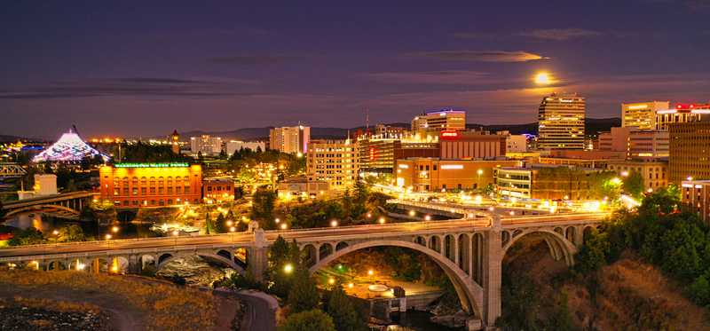 The city of Spokane in Washington state at night.