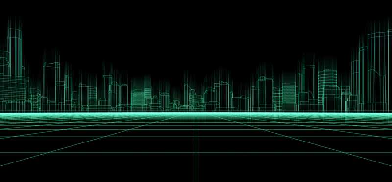Green virtual city on black background.