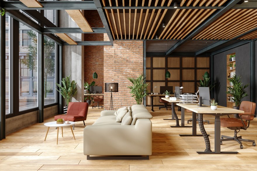 Eco-Friendly Modern Office Interior With Brick Wall, Waiting Area And Indoor Plants.