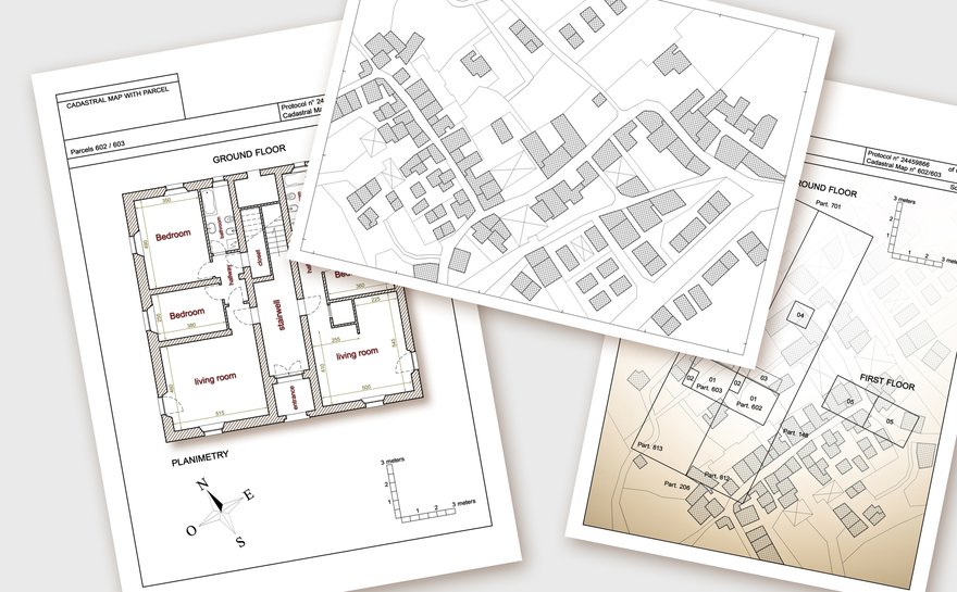 Updating public cadastral digital databases and information about land registry - concept image with an imaginary cadastral map of territory with buildings, roads and land parcel - Note: The map background is totally invented and does not represent any re