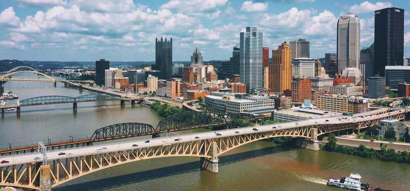 Aerial shot of Pittsburgh, Pennsylvania, with three bridges.