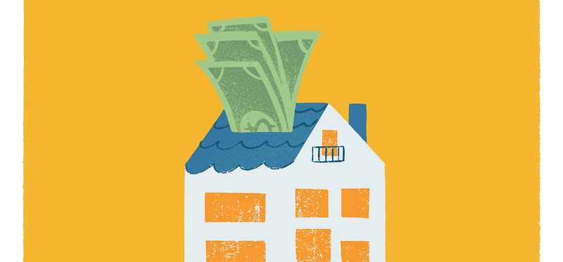House with money coming out of roof.