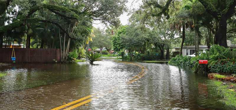 Residential street flooded with rainwater.