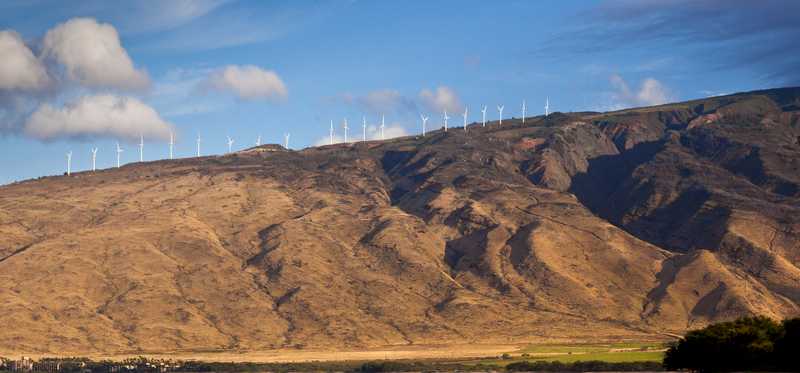Wind turbines at sunrise, Maui, Hawaii.