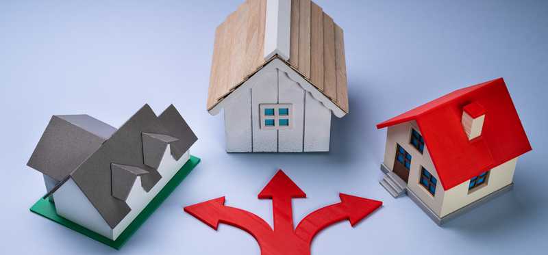 One arrow splits into three with each pointing at one of three pieces of real estate.