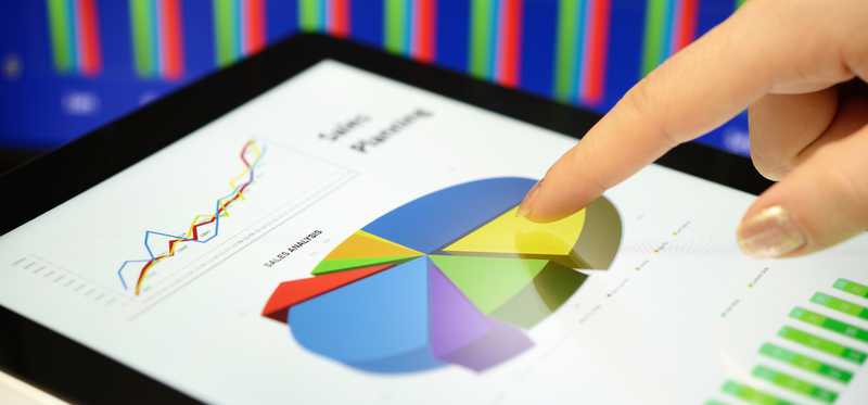 Hand pointing to a pie chart on a tablet screen.